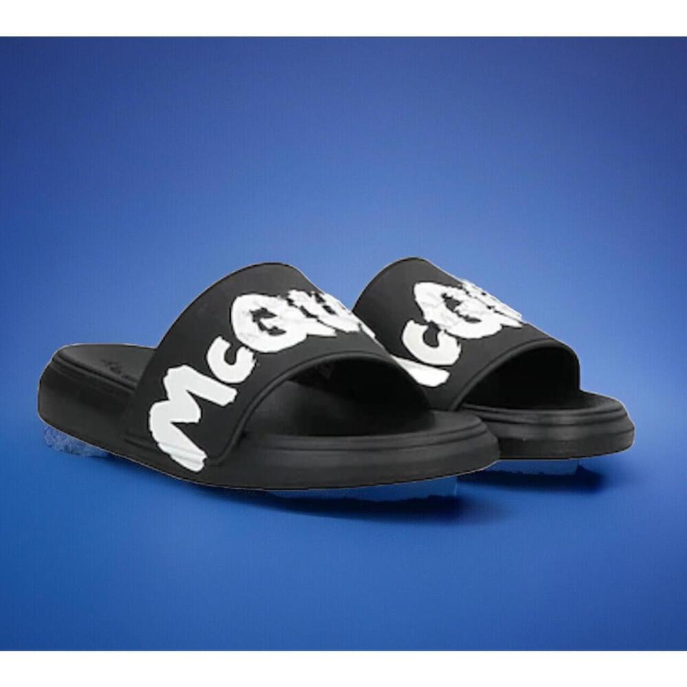 $350 Alexander McQueen Graffiti Rubber Pool Slides Black White Sandals Size 43.5